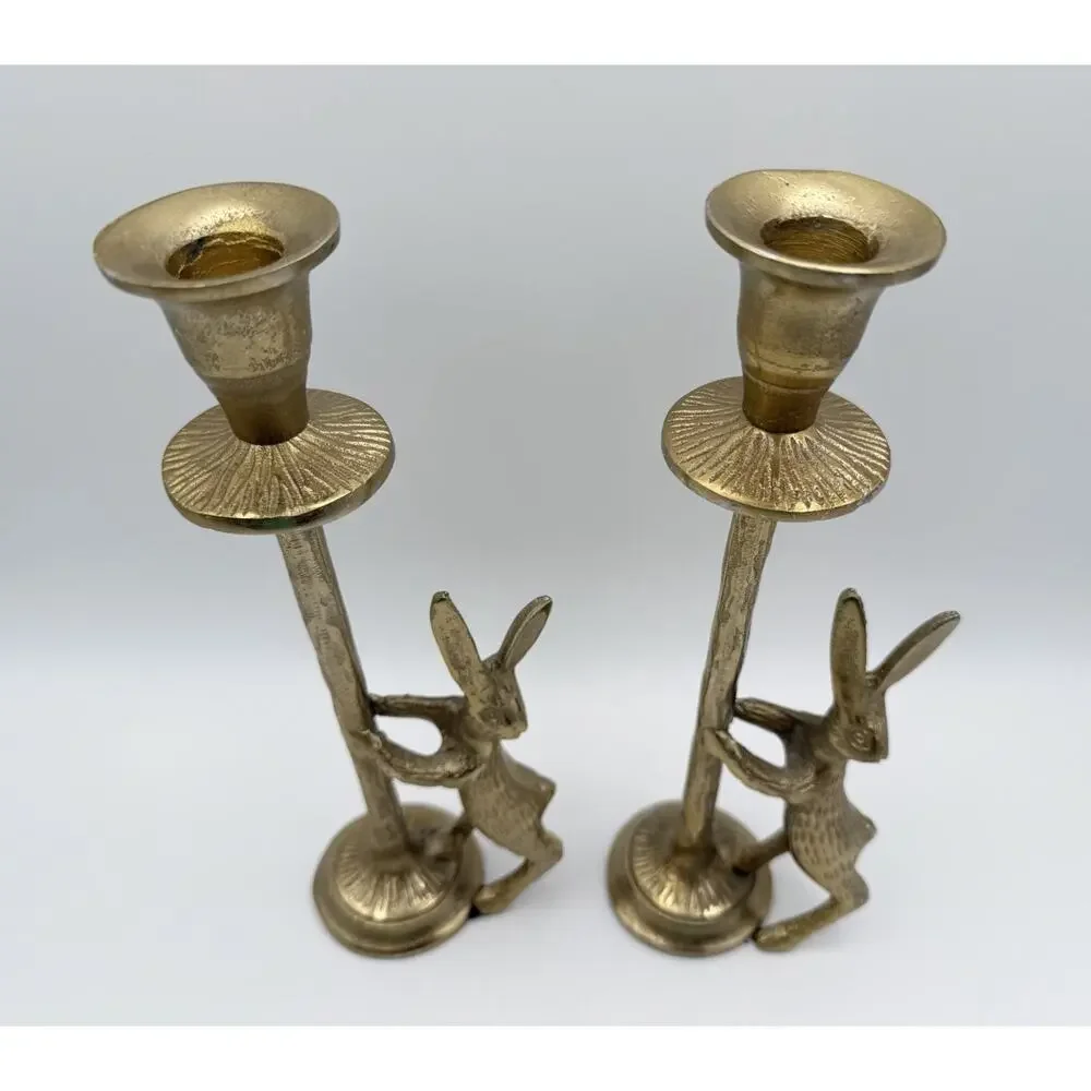 Anthropologie Style Brass Finished Meeting Post Taper Dinner Candle Holder Pair
